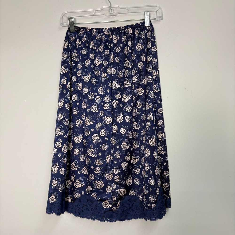 Vanity Fair Vintage‎ Navy Blue Floral Rose Lace Trim Half Slip Skirt Small 26